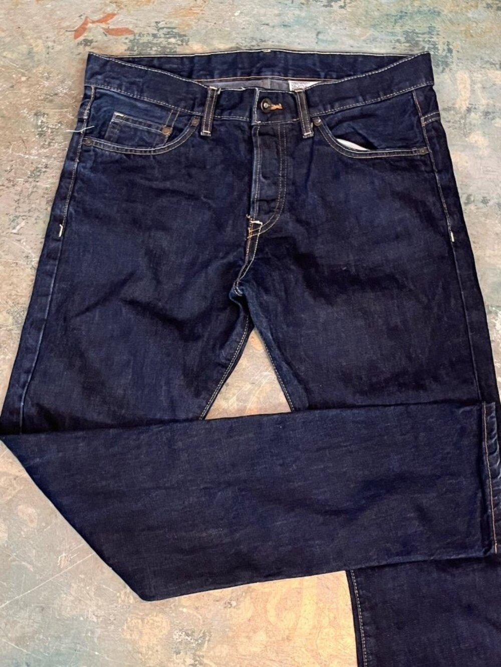 H&M Denim Jeans Tapered Button Fly Low waist Dropped crotch Dark Wash Blue 30/32